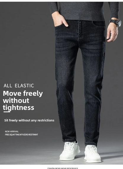 Autumn New Men's Business Jeans High Elasticity Straight Denim Trousers Men's Pants Work Clothes Haze Blue Black Gray Brand.