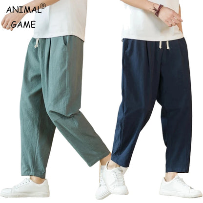 New Cotton Linen Mens Pants Casual Solid Color Breathable Streetwear Loose Straight Drawstring Baggy Lightweight Sport Pants.