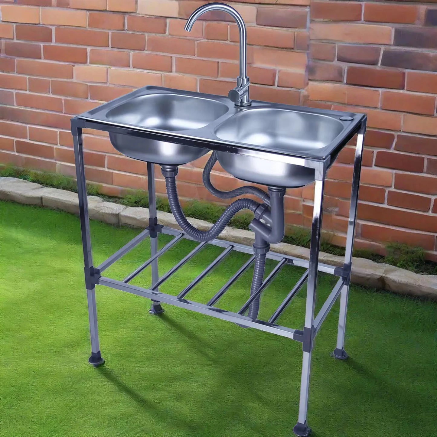 Edelstahlspüle, freistehendes Doppelschüssel-Küchenspülbecken mit Wasserhahn, Warm- und Kaltwasserrohr, Silber 75 * 40 * 83 cm