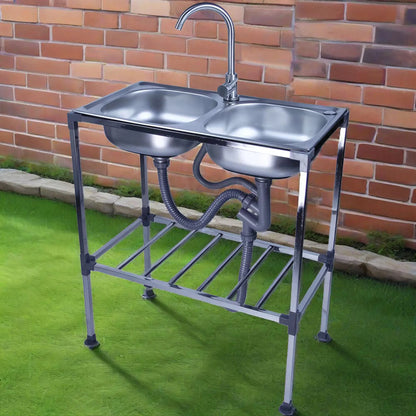 Edelstahlspüle, freistehendes Doppelschüssel-Küchenspülbecken mit Wasserhahn, Warm- und Kaltwasserrohr, Silber 75 * 40 * 83 cm