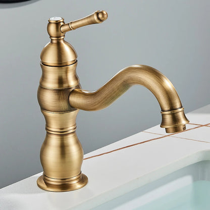 Antique Brass Basin Vessel Sink Faucet Deck Mounted One Hole Cold Hot Water Cold Hot Mixer Tap Bathroom Faucet