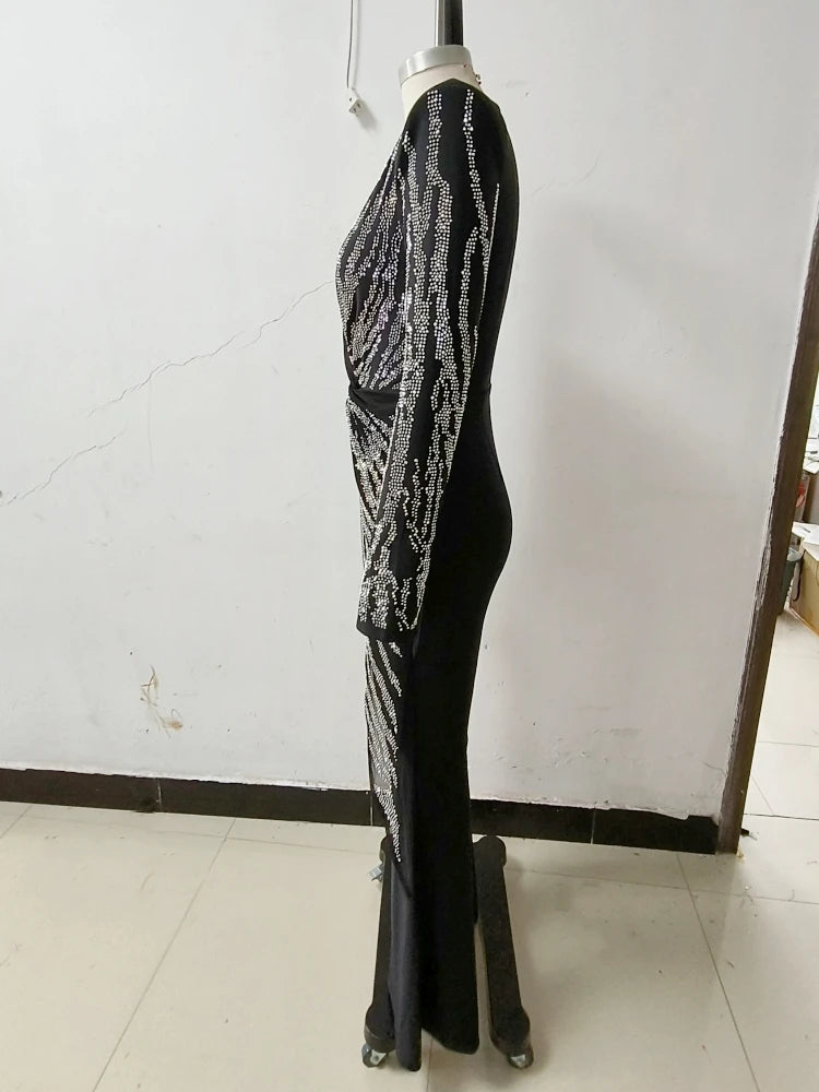 Sexy Deep V Neck Sparkly Diamonds Design Jumpsuit Women Long Sleeve Draped Wide Leg Jumpsuit Elegant Evening Club Costume Runway