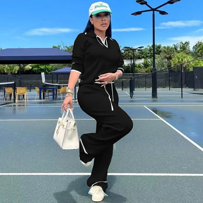 Active Wear Gestrickter lässiger Trainingsanzug für Damen, zweiteiliges Set, sportliches Fitness-gestreiftes Pullover-Oberteil und Hose mit weitem Bein, Jogging-Femme