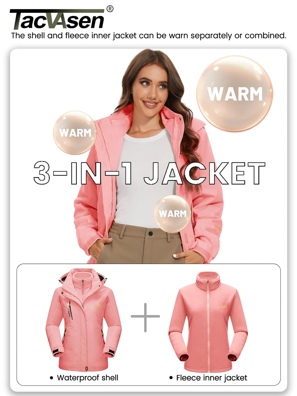 TACVASEN 3 in 1 Winter Fleece Jacket Womens Waterproof Ski Snowboard Jackets Work Rain Coat Outdoor Windbreaker Female Parka.