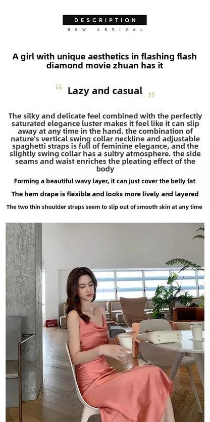 Chiffon-Stoff, Neckholder, mittellanges Kleid für Damen, Sommer, neuer sanfter Stil, schlankmachende Taille, A-Linien-Rock, Polyesterfaser, ärmellos.