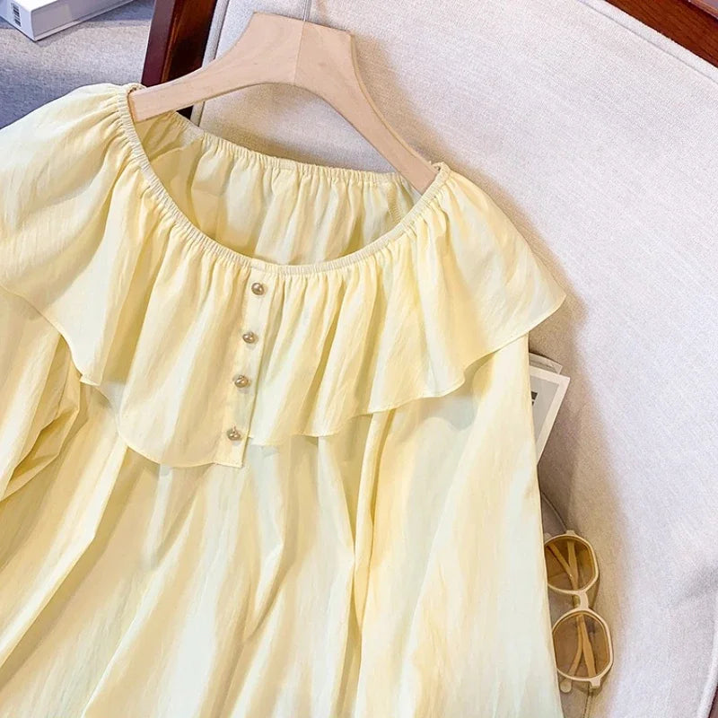 2025 French Large Size Long Sleeve O-neck Solid Color Loose Ruffle Shirt Ladies Spring Autumn Plus Size Blouses for Women.