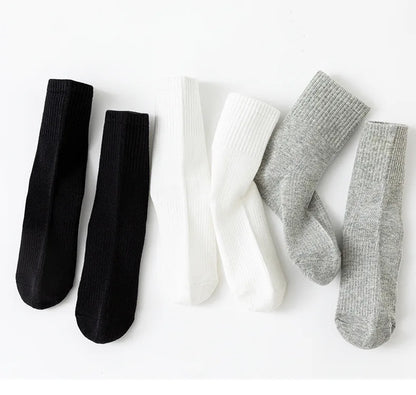 5 Pairs Pure Cotton Children Boy Socks Black White Grey Solid Color Unisex Breathable Sports School Socks Baby Girl Calf Socks.