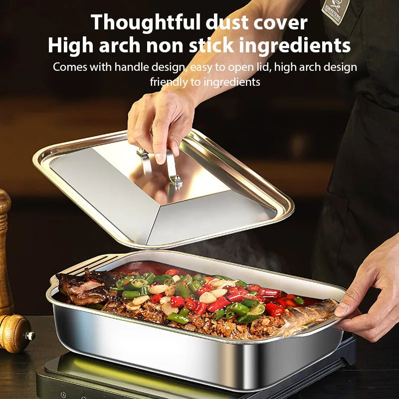 Stainless Steel Grilled Fish Pan Large Capacity with Lid Oven BBQ Plate Easy To Clean Rectangular Roaster Pan Fried Beef Seafood.