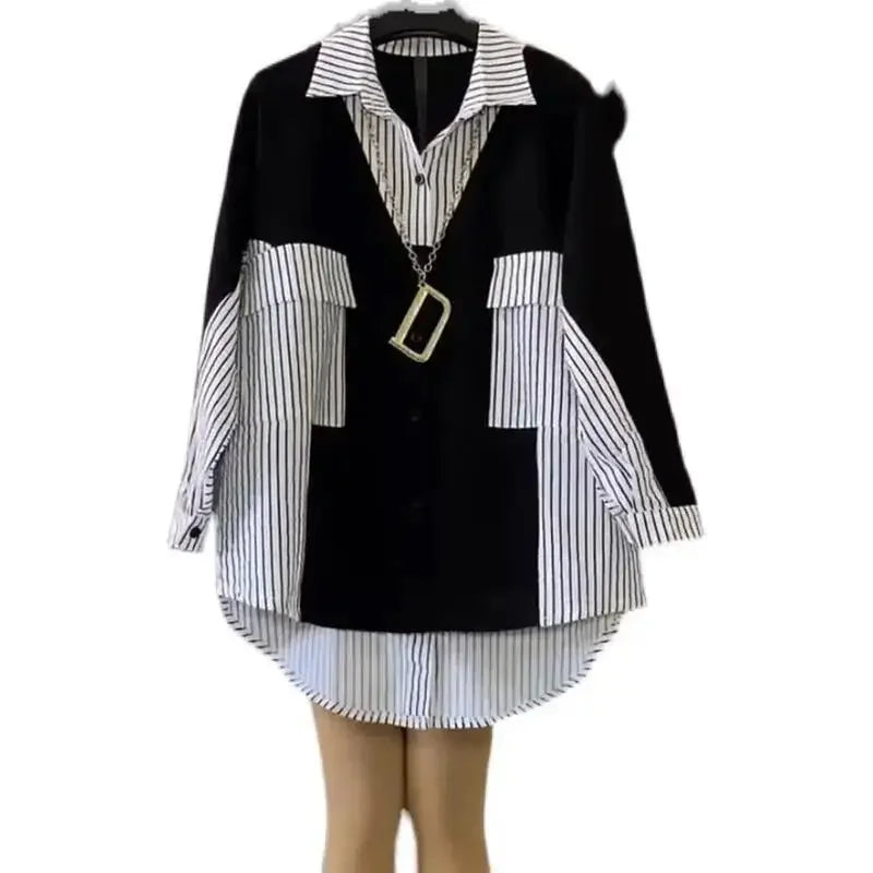 Plus Size Women's Loose-Fit Slimming Medium-Length Color Blocking Striped Shirt Fashionable Top Stylish Hiding Body Shape.