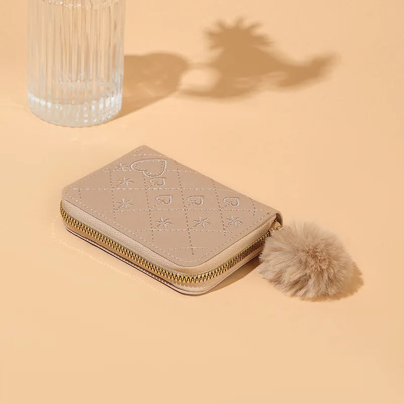 Women Fashion Zipper Wallet with Hairballs Simple Versatile Short Coin Purse Multi-Functional Multi-Card Slot Card Bag.