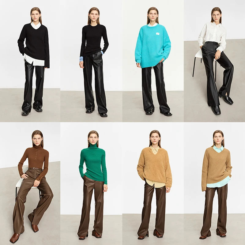 AMII Minimalist Casual Pants for Women 2025 Autumn Clothing PU Leather Loose Straight Pants Slit Office Lady Trousers 12343250.