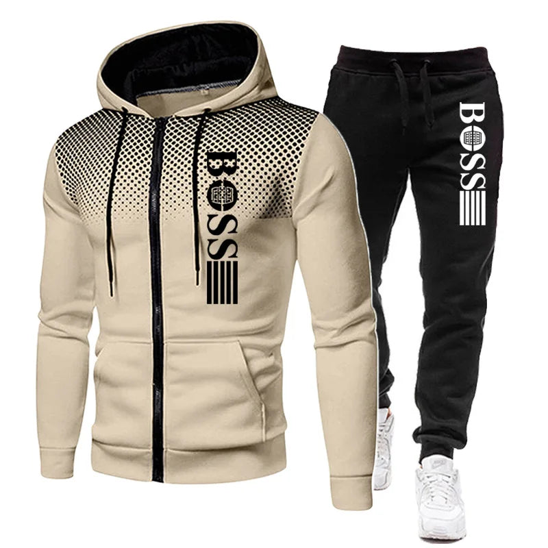 2025 New Men's zippered hoodie + Casual Pants Set for Autumn and Winter fashion Fitness and Warm sportswear Two-piece set.