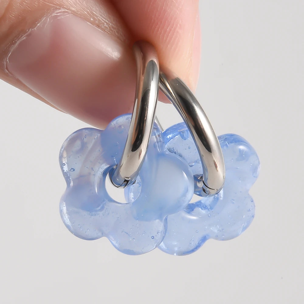 Colorful Flower Glass Drop Charms Earring Gold Color Circle Ear Buckle Hoops Stainless Steel Earrings Fashion Jewelry for Women.