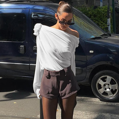 WhereMery Sexy Irregular Oblique-neck Flower Applique T Shirt Summer Off Shoulder Fashion Long Sleeve Crop Tops Street Mesh Tees