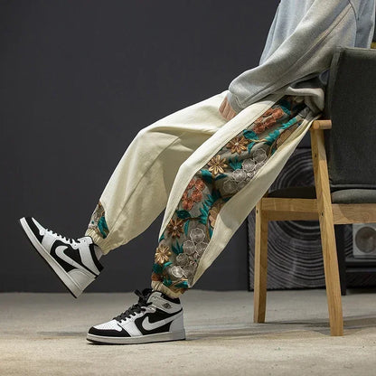 Fashion Casual Pants Men's Clothing Cotton Japanese Samurai Embroidery Patchwork Harem Trousers Oversized Harajuku Joggers Male.