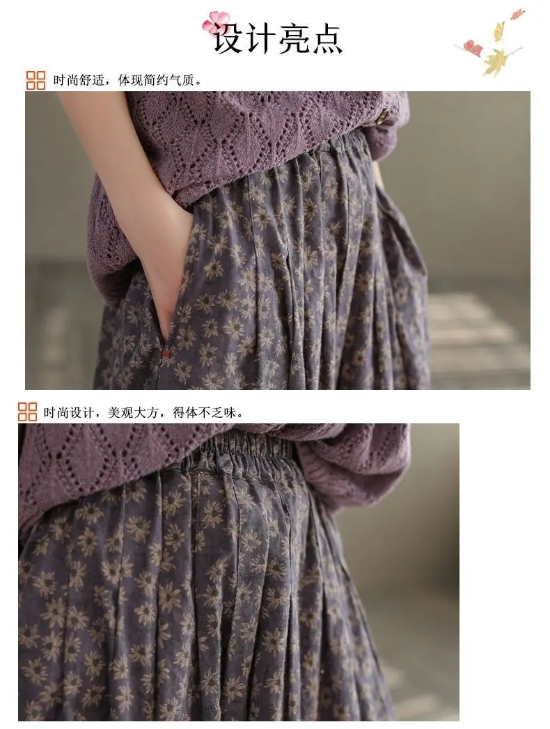 Women Casual Skirts New Arrival 2023 Autumn Vintage Style Floral Print Loose Comfortable Ladies Elegant A-line Long Skirt D536.