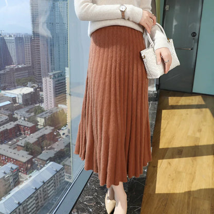 mink cashmere skirt Fashion long dress women A-line skirt autumn winter loose pleated skirt elegant high-waisted skirt ladies