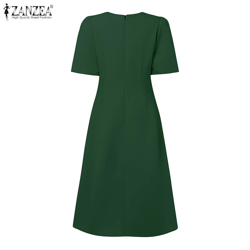 ZANZEA Elegante Büro Frauen Kleider Sommer Stilvolle Solide Party Arbeit Kleid Mode Kurzarm Plissee Vestidos Midi Sommerkleid