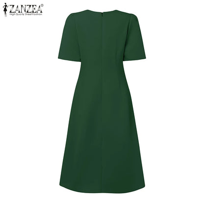 ZANZEA Elegante Büro Frauen Kleider Sommer Stilvolle Solide Party Arbeit Kleid Mode Kurzarm Plissee Vestidos Midi Sommerkleid
