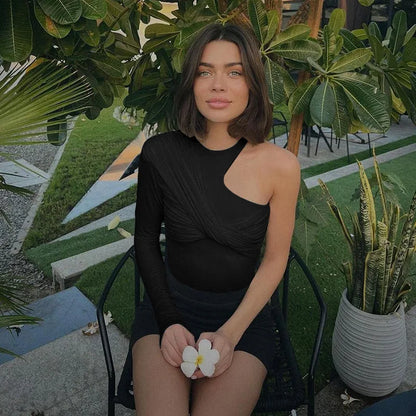 Autumn 2025 Long Sleeve Pullover New Fashion Sexy Spice Girls Crew Neck Single Rotator Sleeve Pleated Slim Bodysuit Women.