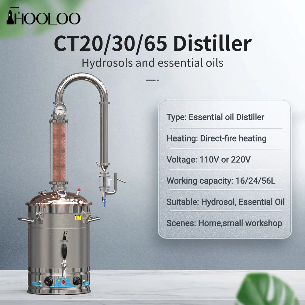 HOOLOO CT Distiller Electric Hydrolat Essential Oil Still Moonshine Still Copper lid Glass Copper Mesh Column Home Fragrance.