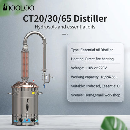 HOOLOO CT Distiller Electric Hydrolat Essential Oil Still Moonshine Still Copper lid Glass Copper Mesh Column Home Fragrance.