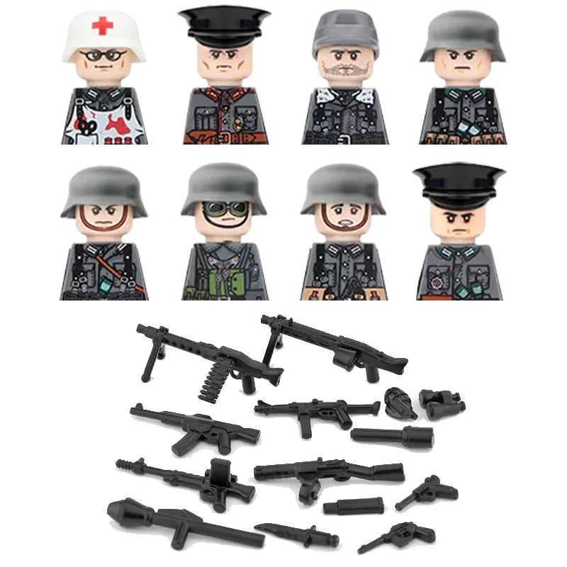 Military WWII Figure Building Blocks Accessories MP40 Rocket Launcher MG42 Officer Army Camouflage Soldier Pzf 98K Toy Gift N029
