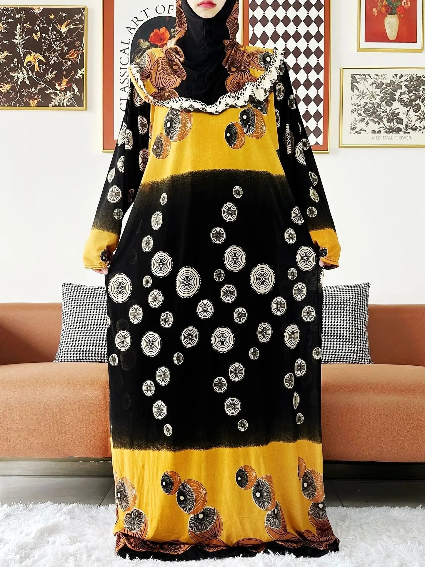 2023 Muslim Solid Cotton Abaya For Women Ramadan Prayer Garment Joint Hat Dubai Turkey Middle East Femme Robe Floral Loose Dress