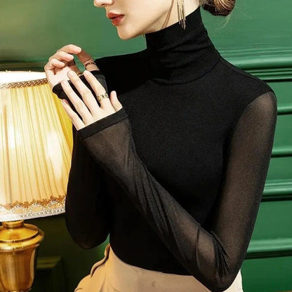 Women Mesh T Shirt Solid Green Blue White Black Wine Ladies T-Shirt With Long Sleeve Shirt Slim Stretch Bottoming Top Size S-4XL.