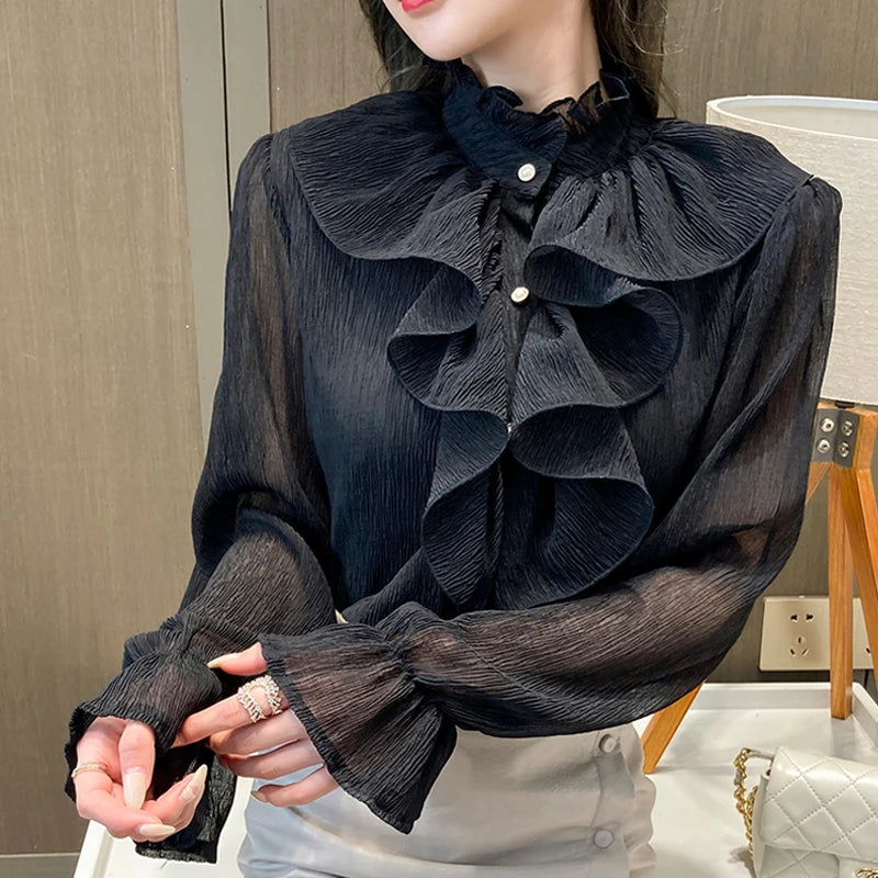 Autumn Vintage Ruffles Clothes Lace Blouse Women Spring Stand Collar White Chiffon Shirt Long Puff Sleeve Loose Tops Elegant.