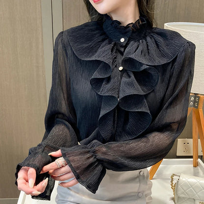 Autumn Vintage Ruffles Clothes Lace Blouse Women Spring Stand Collar White Chiffon Shirt Long Puff Sleeve Loose Tops Elegant.
