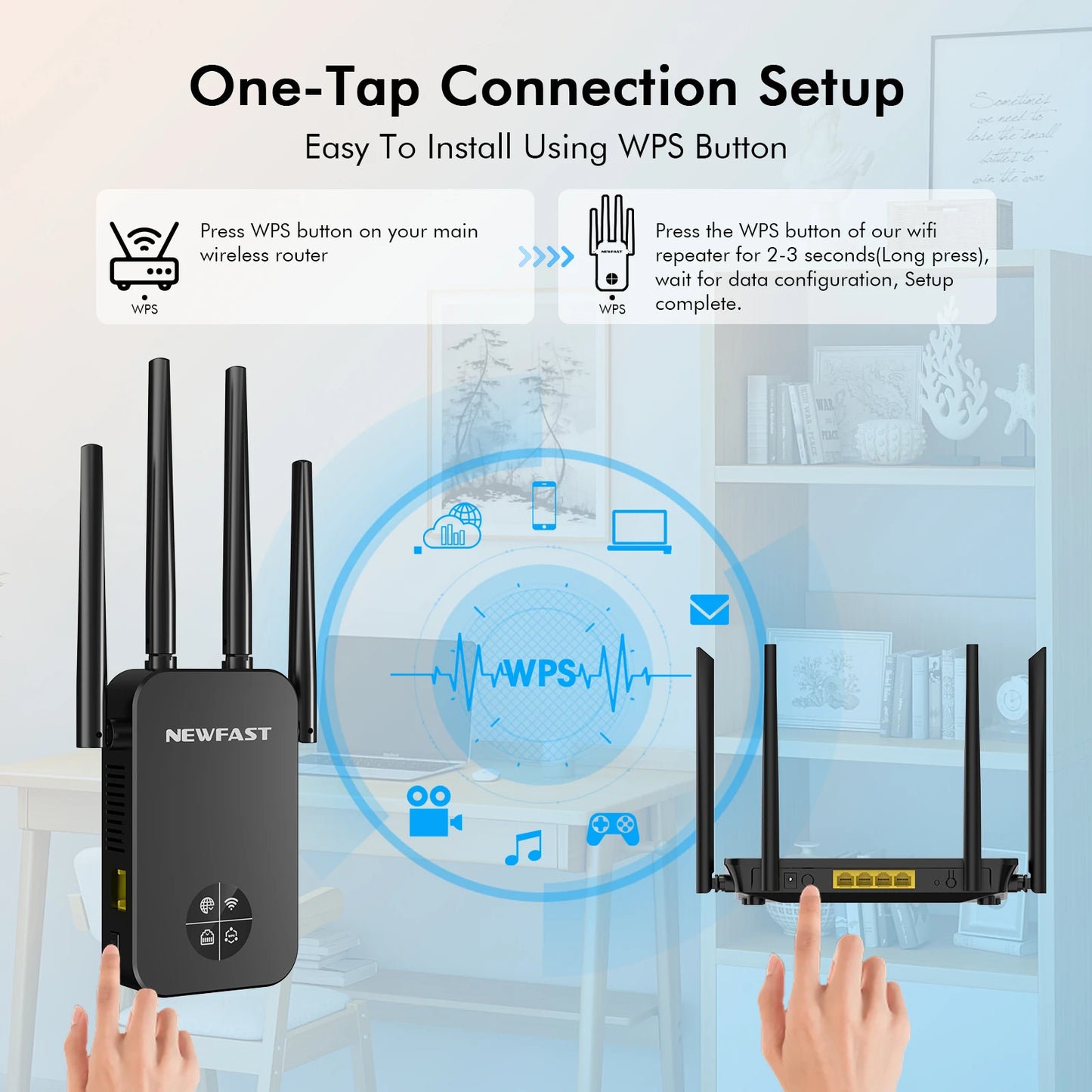 Comfast 1200Mbps Wifi Repeater 2.4/5G Dual-band Wireless WIFI Extender Smart Screen Home Router 4 Antennas WPS/RESET EU Plug.