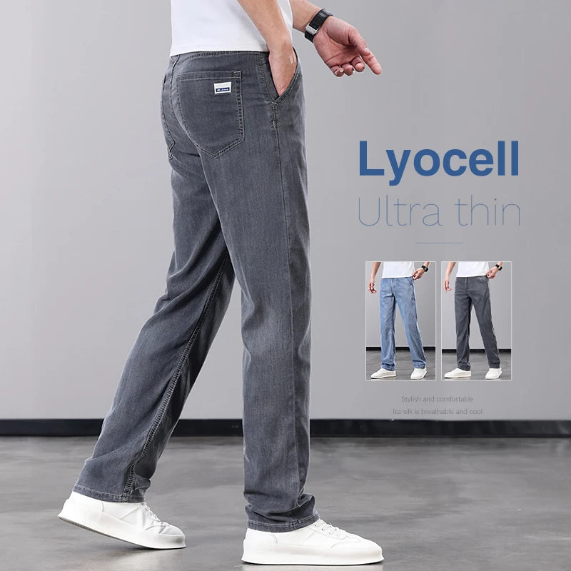 Summer Thin Men's Jeans Lyocell Fabric Soft Breathable Straight Denim Pants Brand Man Elastic Ice Silk Casual Trousers Grey Blue.