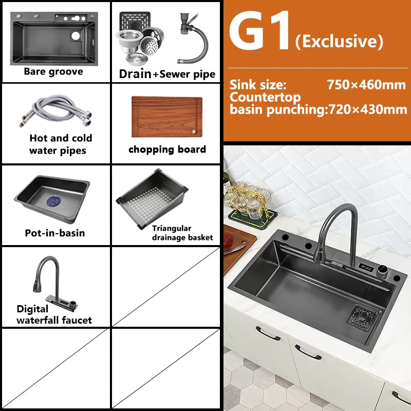 Waterfall Sink Kitchen Stainless Steel Topmount Sink Large Single Slot Wash Basin With Multifunction Touch Waterfall Faucet
