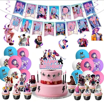 NEUE Dämon Jäger Kpop Geburtstag Dekorationen Set Geschirr Luftballons Banner Tischdecke Tasche Kpop Kuchen Dekor Für Mädchen Party Gefälligkeiten