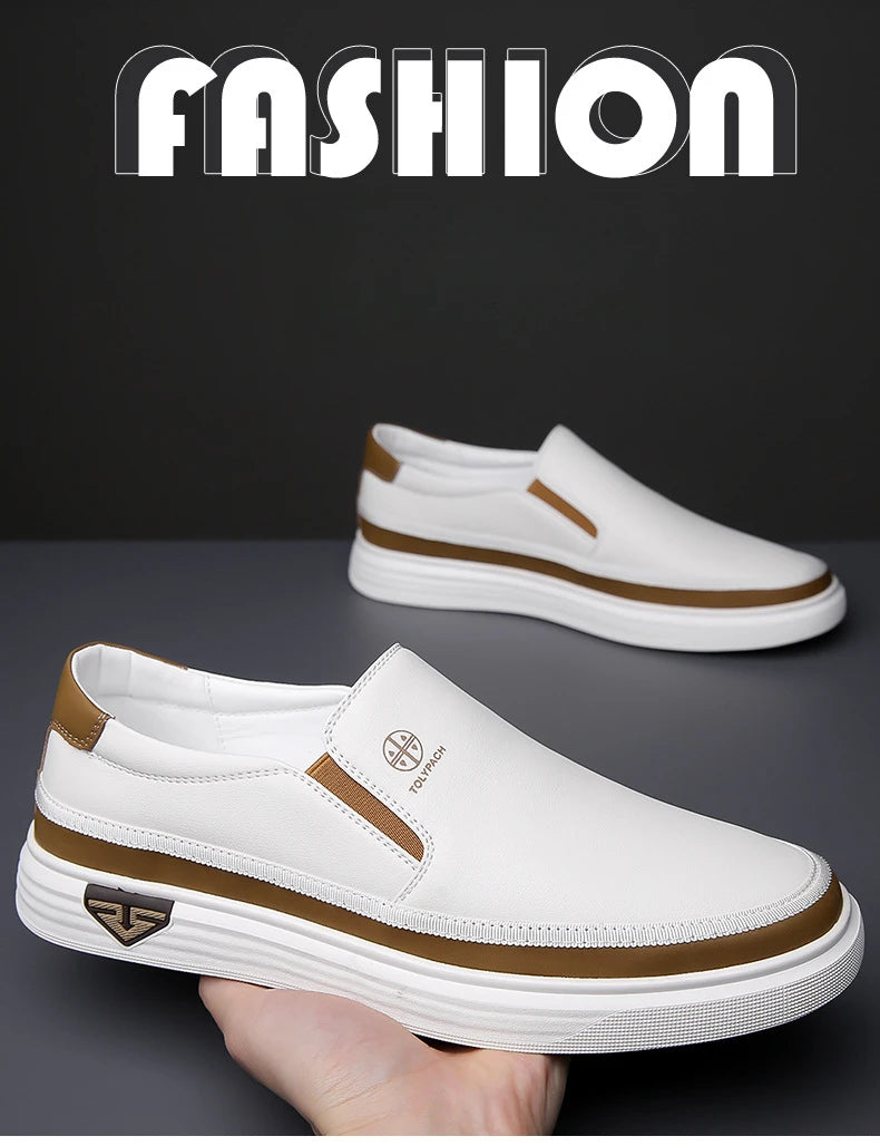 New 2025 Men's Genuine Leather Casual Sneakers Spring Summer Fashion Slip-On White Shoes Soft Sole Comfortable for Everyday Wear.