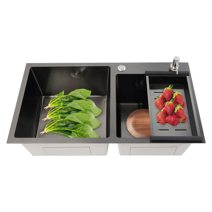 Edelstahlspüle, moderne Küchenspüle, Black Diamond 7843PB, Doppelspüle, Abfluss + Seifenspender zum Reinigen von Geschirr und Gemüse