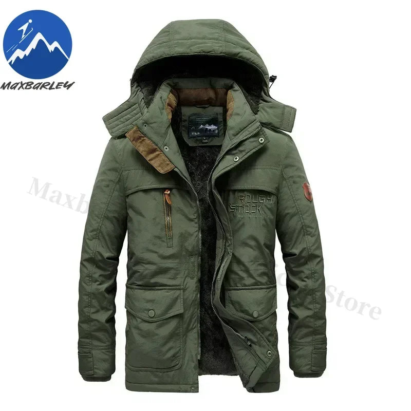 Winter Fleece Long Jacket Men Casual Thicken Warm Cotton Padded Jackets Man Fashion Hooded Outdoor Windproof Parkas Snow Coat