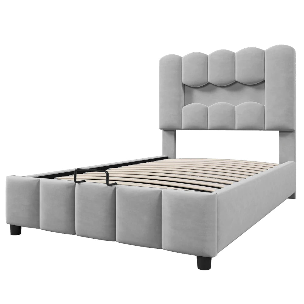 Modernes Polsterbett, 90 x 200 cm, ohne Matratze, LED-Beleuchtung, mit hydraulischem Gerät, verstellbarer Kopfteil, Samt, Grau