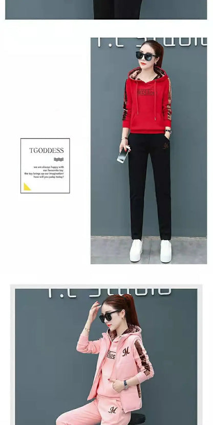 Winter 3 Pcs/Set Women Waistcoat Top Pants Set Letter Embroidery Ladies Winter Tracksuit Color Block Three-piece Sweatpants Set