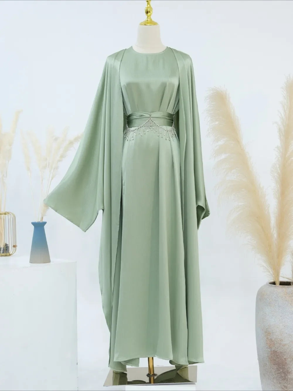 Ramadan Muslim Women 2 Piece Set with Chain Party Dresses Abaya Eid Jalabiya Sashes Diamond Morocco Dubai Kaftan Cardigan Robe