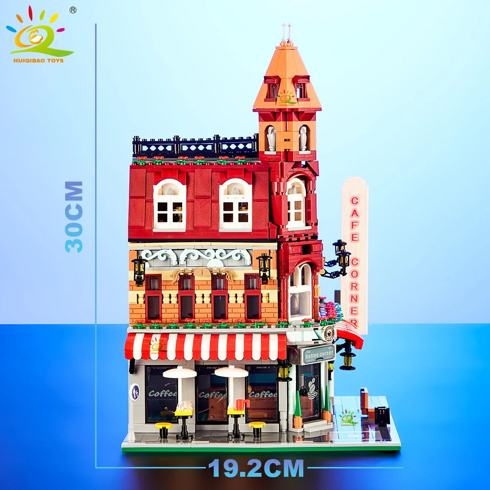 HUIQIBAO Toys MOC City Corner Coffee Shop Architecture Style Street View Micro Building Blocks for Children Construction Bricks.