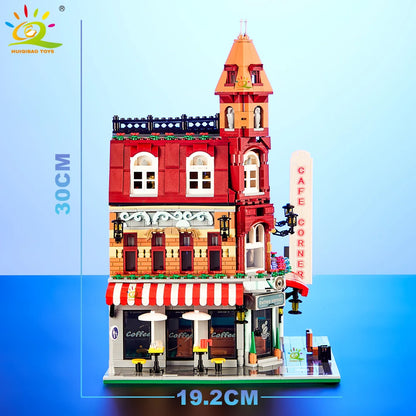 HUIQIBAO Toys MOC City Corner Coffee Shop Architecture Style Street View Micro Building Blocks for Children Construction Bricks.