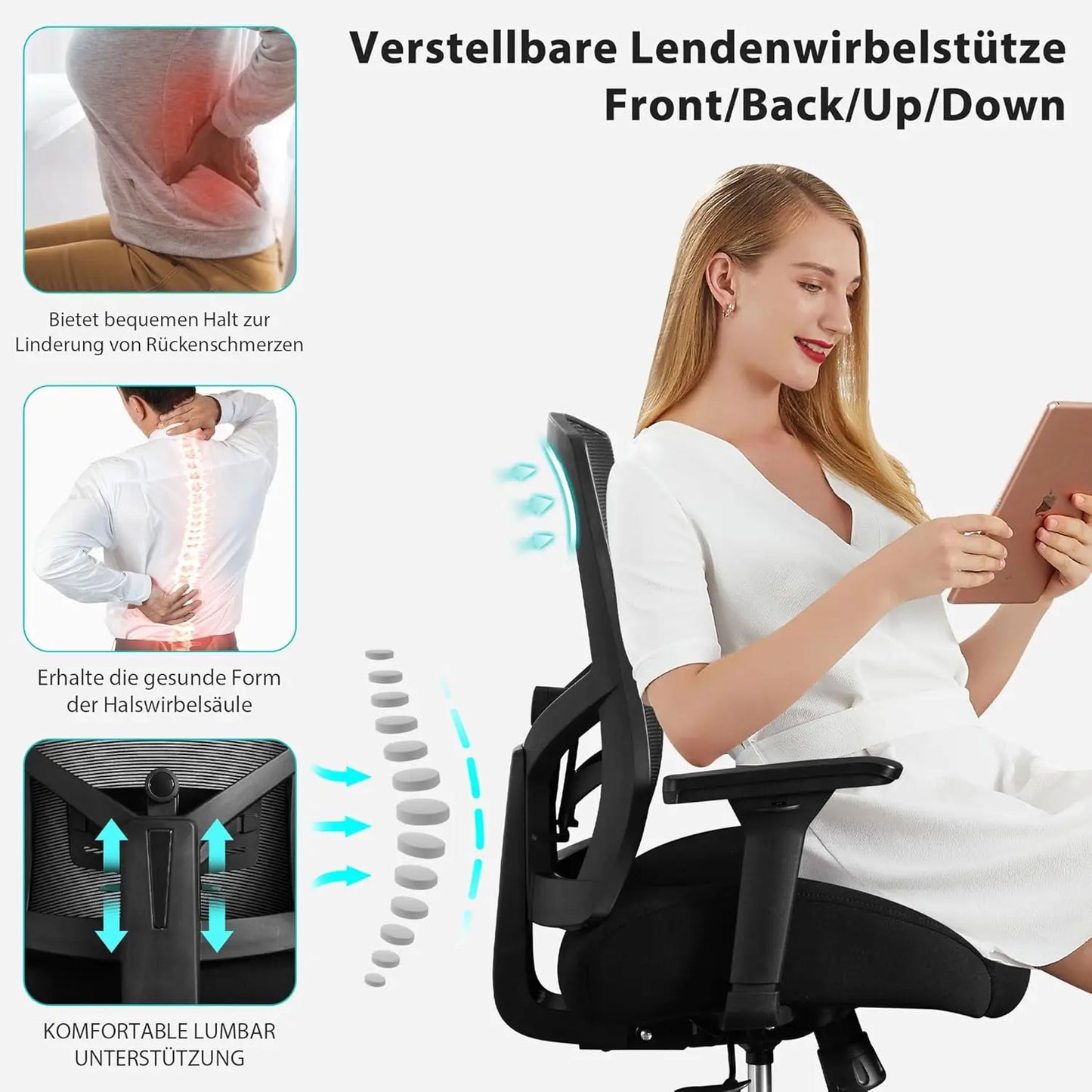Bürostuhl 200 kg Ergonomischer Schreibtischstuhl mit 4D-Armlehnen, Bürostuhl mit Lendenwirbelstütze und 3D-verstellbarem, Wippfunkti