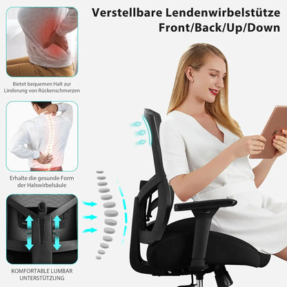 Bürostuhl 200 kg Ergonomischer Schreibtischstuhl mit 4D-Armlehnen, Bürostuhl mit Lendenwirbelstütze und 3D-verstellbarem, Wippfunkti