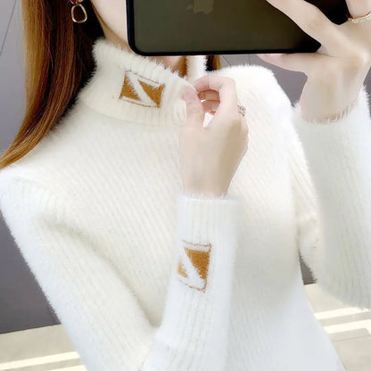 Hoher Kragen Pullover Pullover Frauen Nerz Brief Jacquard Unterlage Solide Western Stricken Unterwolle Herbst Winter Pullover Pullover