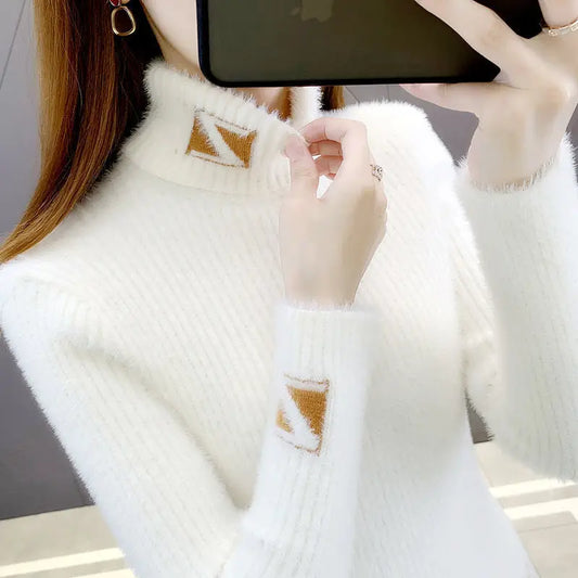 Hoher Kragen Pullover Pullover Frauen Nerz Brief Jacquard Unterlage Solide Western Stricken Unterwolle Herbst Winter Pullover Pullover