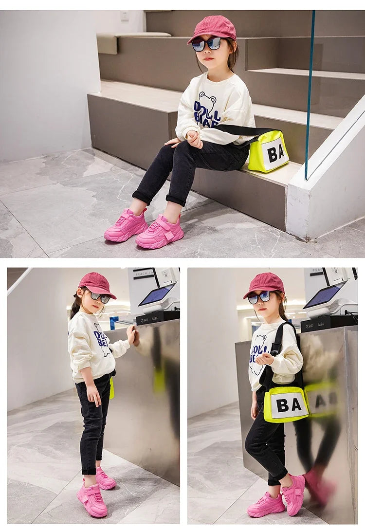 2024 New Versatile Soft Breatheable Hook & Loop White Boys and Girls Children Sneakers Cute Korean Style Uniform School Shoes.