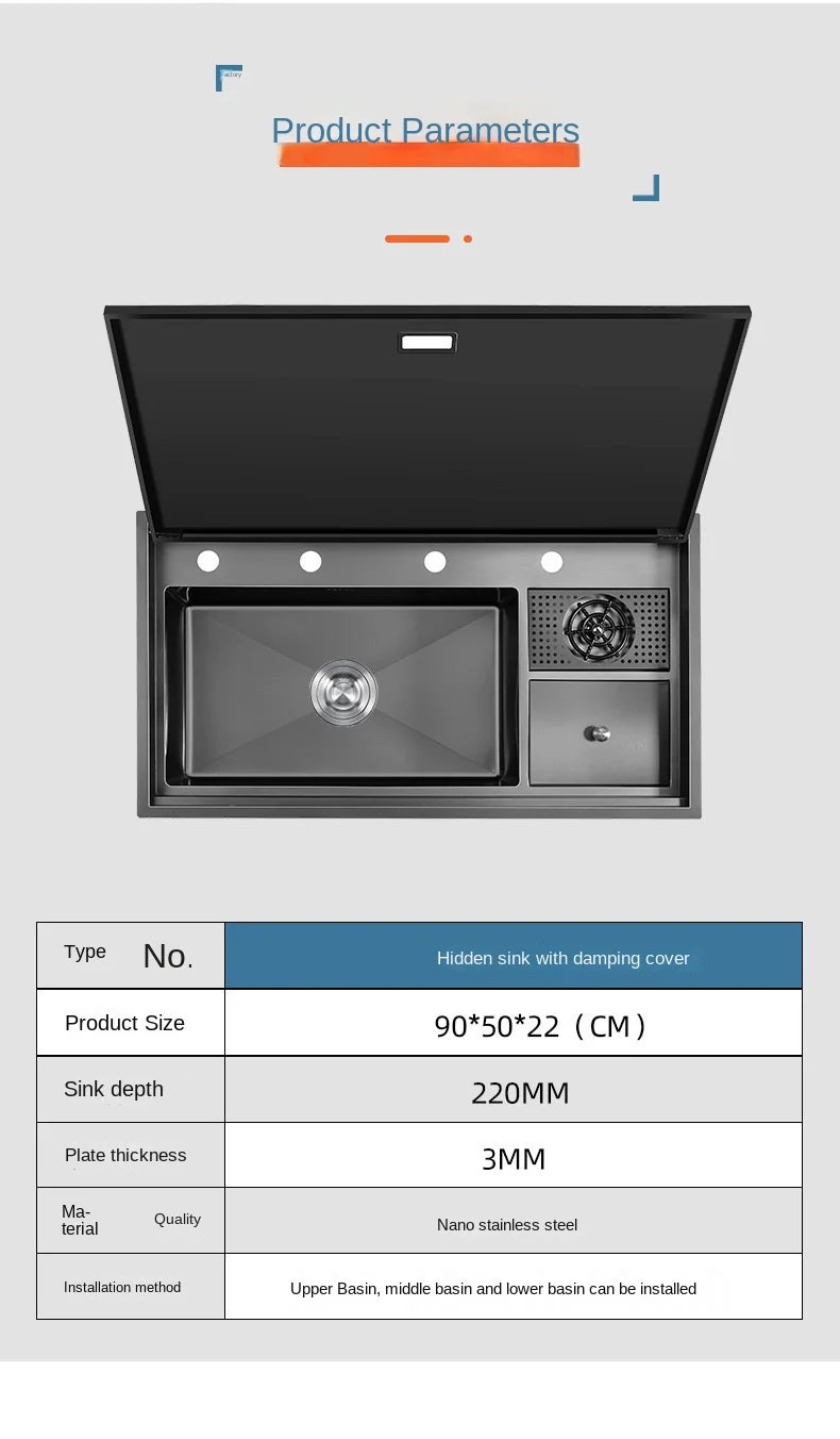 Multifunctional Nano Stainless Steel Kitchen Sink with Cover Plate, Thickened Single Basin Island Table Sink 88*51*22CM