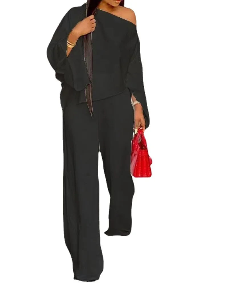 Fashion Hot Sale Women Casual Street Style Long Sleeve Card Shoulder Top Elastic Long Pants Two Piece Set Wholesale Dropshipping.